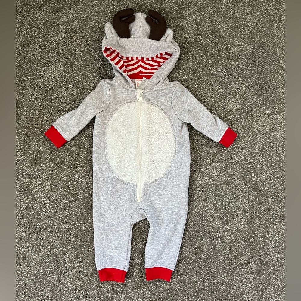 ⭐️3/$15 Baby cat and Jack long sleeve hooded romper with antlers 🦌 3-6 months